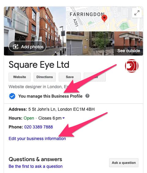 Example links to editing your Google business Profile