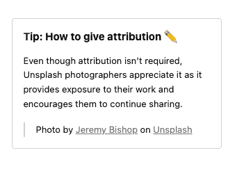 Screengrab of attribution tip from Unsplash