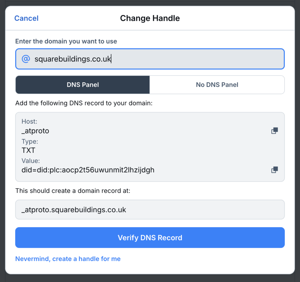 Bluesky: verifying via DNS