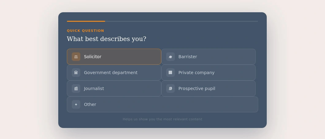Pop-up survey asking for the visitor's job or role.